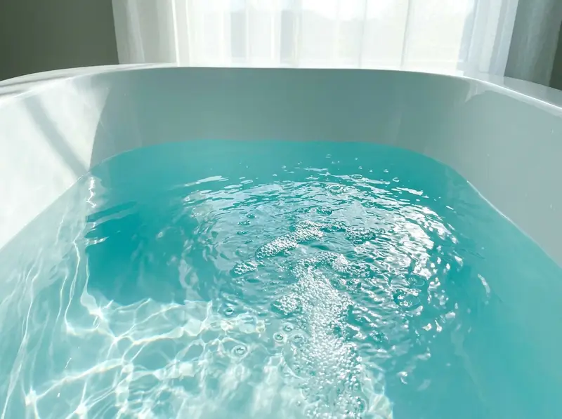 Helder turquoise water met opstijgende luchtbelletjes in een wit bad