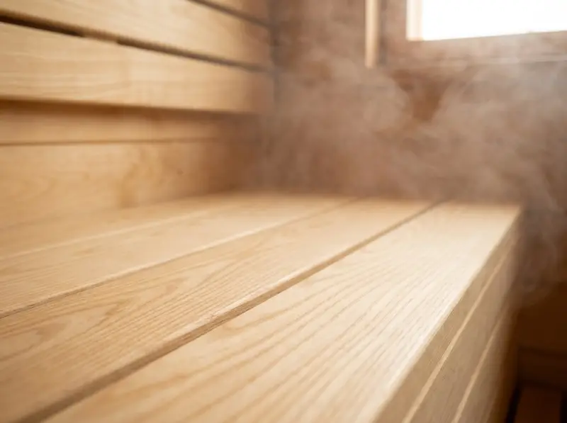 Houten saunabank van licht hout met stoom die erlangs trekt